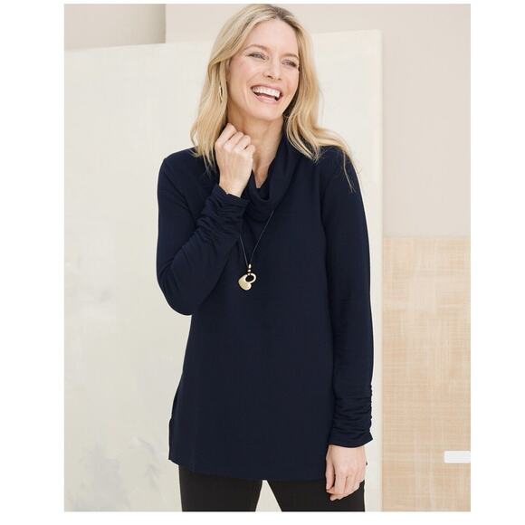 Zenergy By Chicos Tunic Shirt Womens 0 Navy Blue Cowl Neck Stretch Ruched Sleeve - Picture 1 of 8